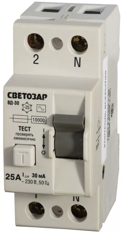 Выключатель дифференциальный "УЗО" СВЕТОЗАР, 2-полюсный, 25 A, "AC", откл. диф.ток. 30 мА, 230 В SV-49152-30-25 купить в Нижневартовске