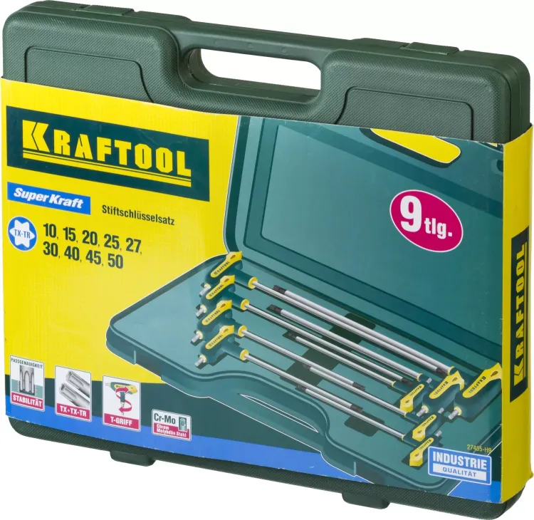 Набор KRAFTOOL Ключи "INDUSTRIE" имбусовые,Cr-Mo(S2),Т-образные,эргоном двухкомп рукоятка,TORX Hole 10-50,9 шт,в боксе 27455-H9 купить в Нижневартовске