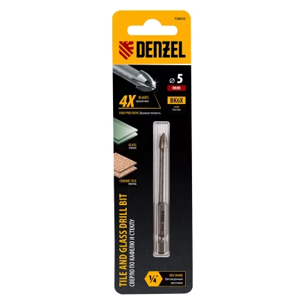 Сверло по керамической плитке 5 мм, крестовая пластина, шестигранный хвостовик// Denzel 728033 купить в Нижневартовске