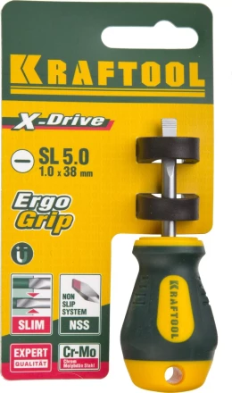 Отвертка KRAFTOOL, Cr-Mo-V сталь, двухкомпонентная противоскользящая рукоятка, SL, 5,5x38мм 250071-5.5-038 купить в Нижневартовске