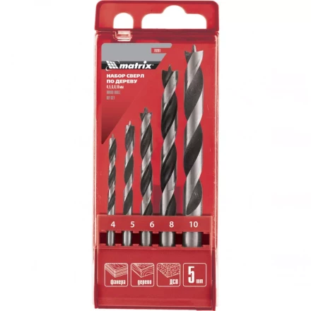 Набор сверл по дереву 4-5-6-8-10мм  цилиндрический хвостовик пластиковый кейс MATRIX 70281 купить в Нижневартовске