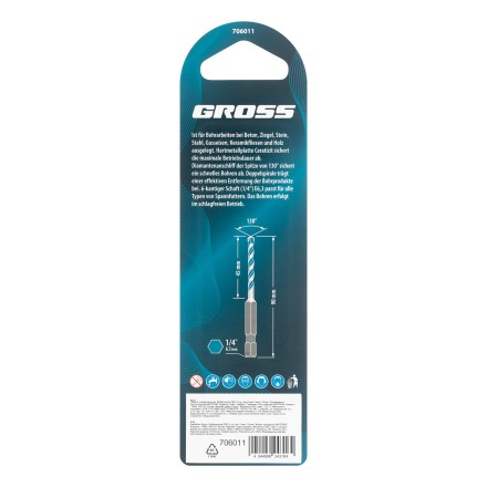 Сверло универсальное Gross , Multipurpose PRO, 6-гр. хвостовик, 5мм, 706011 купить в Нижневартовске