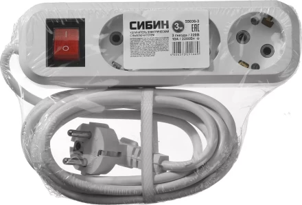 Удлинитель СИБИН электрический, ПВС сечение 0,75кв мм, 3 гнезда, макс мощн 2200Вт, 3м, заземление, выключатель 55036-3 купить в Нижневартовске