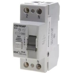 Выключатель дифференциальный "УЗО" СВЕТОЗАР, 2-полюсный, 40 A, "AC", откл.диф.ток. 30 мА, 230 В SV-49152-30-40