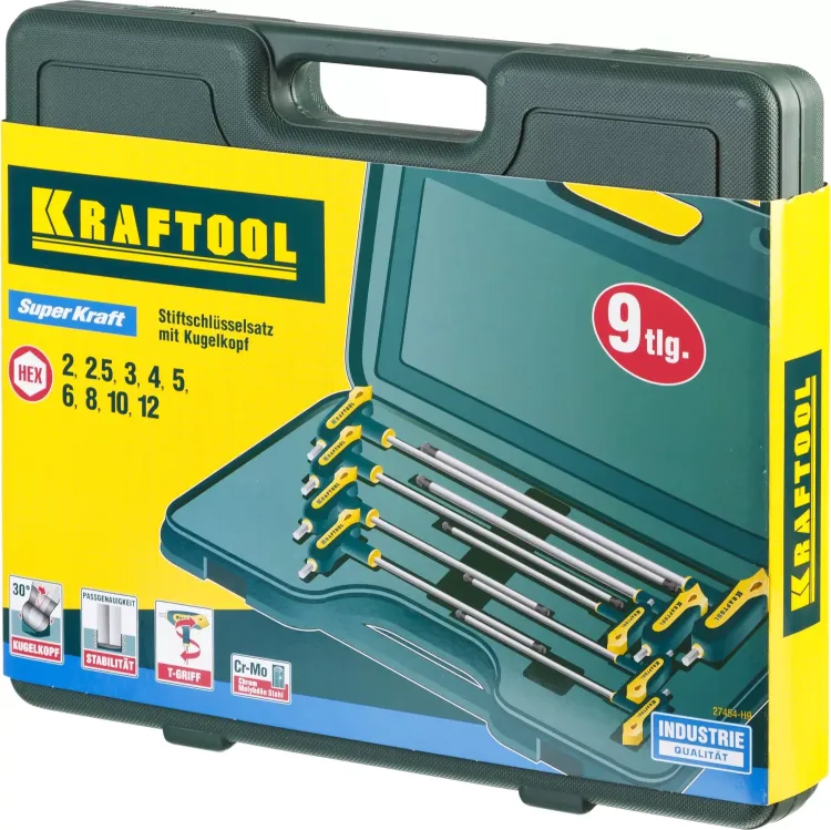 Набор KRAFTOOL Ключи "INDUSTRIE" имбусовые,Cr-Mo(S2),Т-образные, эргоном двухкомп рукоятка,HEX,с шариком,9 шт,в боксе 27454-H9 купить в Нижневартовске