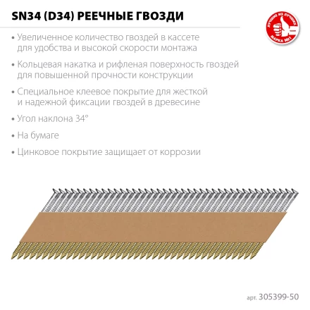 ЗУБР SN34 (D34) 50 х 2.8 мм, реечные гвозди рифленые оцинкованные, 5000 шт (305399-50) купить в Нижневартовске