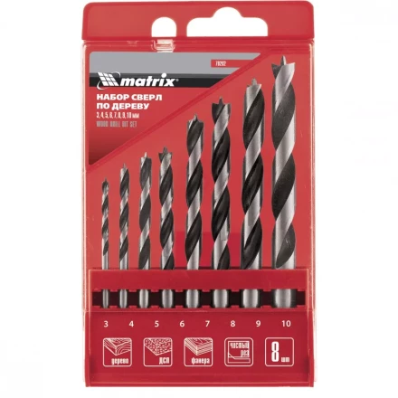 Набор сверл по дереву   3-4-5-6-7-8-9-10мм цилиндрический  хвостовик  пластиковый кейс MATRIX 70282 купить в Нижневартовске