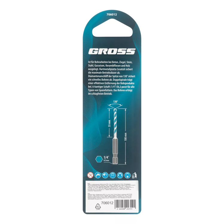 Сверло универсальное Gross, Multipurpose PRO, 6-гр. хвостовик, 6мм, 706012 купить в Нижневартовске