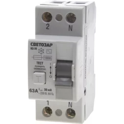 Выключатель дифференциальный "УЗО" СВЕТОЗАР, 2-полюсный, 63 A, "AC", откл.диф.ток. 30 мА, 230 В SV-49152-30-63