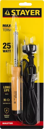 Паяльник MAXTerm с деревянной рукояткой, жало - конус, STAYER 55310-25, 25 Вт 55310-25 купить в Нижневартовске