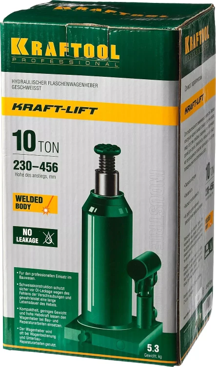 Домкрат гидравлический бутылочный "Kraft-Lift", сварной, 10т, 230-456мм, KRAFTOOL 43462-10 43462-10_z01 купить в Нижневартовске