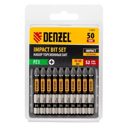 Бита IMPACT, PZ3x50 мм, лазерная обработка шлица, сталь S2, 10 шт., Е 6,3 Denzel 11693 купить в Нижневартовске