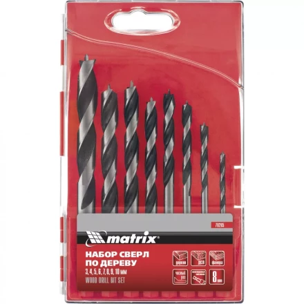 Набор сверл по дереву  3-4-5-6-7-8-9-10мм 6-гранный хвостовик  пластиковый кейс MATRIX 70285 купить в Нижневартовске