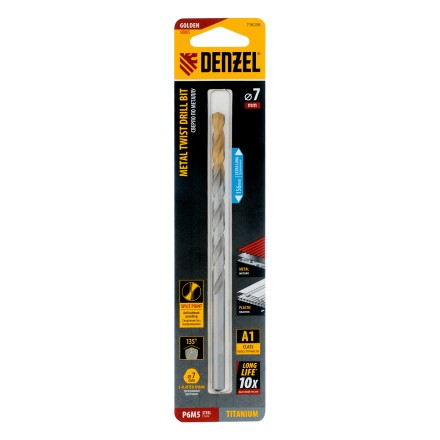 Сверло спиральное по металлу Denzel, 7,0 х 156 мм, Р6М5, Golden Tip, удлиненное, 718258 купить в Нижневартовске