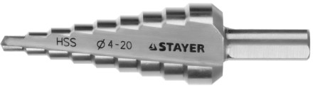 Сверло STAYER &quot;MASTER&quot; ступенчатое по сталям и цвет.мет., сталь HSS, d=4-20мм, 9ступ.d 4-20, L-75 мм,трехгран. хвост. 8мм 29660-4-20-9 купить в Нижневартовске