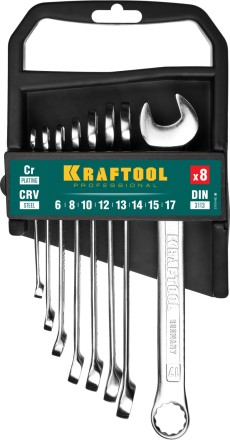 Наборы ключей комбинированных KRAFTOOL, Cr-V, DIN 3110, на пластиковой подвеске 27079-H8C купить в Нижневартовске
