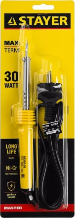 Паяльник MAXTerm с пластмассовой рукояткой, жало - конус, STAYER 55305-30, 30 Вт 55305-30 купить в Нижневартовске