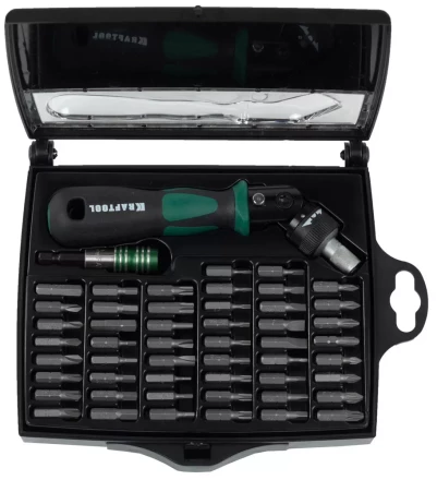 Отвертка KRAFTOOL "EXPERT", реверсивно-рычажная, с битами и головками, 52шт 25555-H52 купить в Нижневартовске