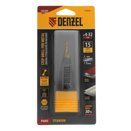 Сверло ступенчатое Denzel 723606, 4-6-8-10-12-14-16-18-20-22-24-26-28-30-32 мм, Р6М5, 6-гр. хвостовик купить в Нижневартовске