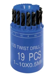 Набор сверл по металлу 1-10 мм (через 0,5 мм) HSS 19 шт в стакане цилиндрический хвостовик SPARTA 723505