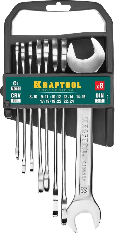 Наборы ключей гаечных рожковых KRAFTOOL, Cr-V, DIN 3110, на пластиковой подвеске 27033-H8C купить в Нижневартовске