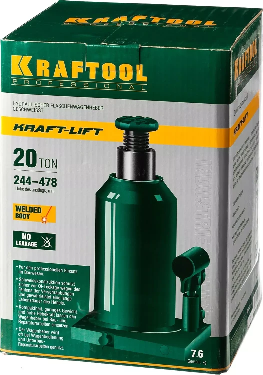 Домкрат гидравлический бутылочный "Kraft-Lift", сварной, 20т, 244-478мм, KRAFTOOL 43462-20 43462-20_z01 купить в Нижневартовске