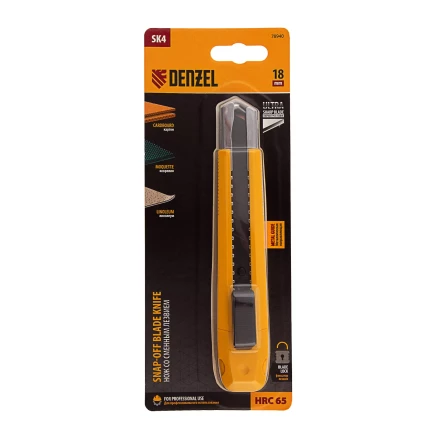 Нож Denzel, 18 мм, сменное лезвие, SK4, метал. направляющая, клипса, нажимной фиксатор, 78940 купить в Нижневартовске