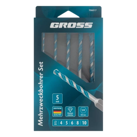 Набор сверл универсальных Gross 706017, Multipurpose PRO, 6-гр. хвостовик, 4-10мм, 5шт купить в Нижневартовске