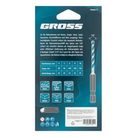 Набор сверл универсальных Gross 706017, Multipurpose PRO, 6-гр. хвостовик, 4-10мм, 5шт купить в Нижневартовске