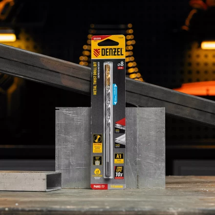 Сверло спиральное по металлу Denzel, 8 х 165 мм, Р6М5, Golden Tip, удлиненное, 718260 купить в Нижневартовске