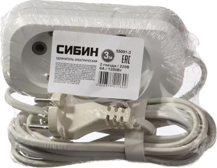 Удлинитель СИБИН электрический, ШВВП сечение 0,75кв мм, 2 гнезда, макс мощн 1300Вт, 3м 55091-3 купить в Нижневартовске