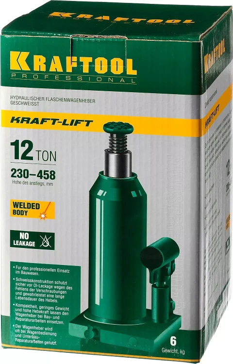 Домкрат гидравлический бутылочный "Kraft-Lift", сварной, 12т, 230-458мм, KRAFTOOL 43462-12 43462-12_z01 купить в Нижневартовске