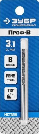 ЗУБР ПРОФ-В, 3.1 х 65 мм, сталь Р6М5, класс В, сверло по металлу, Профессионал (29621-3.1) купить в Нижневартовске