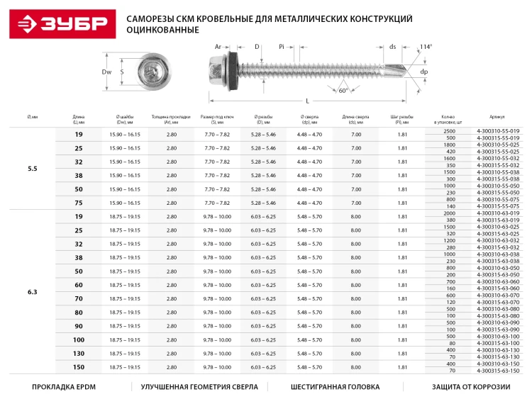 Саморезы ЗУБР "ПРОФЕССИОНАЛ" окраш., RAL 6002 зелен. лист, для крепл. кров. матер. к дерев. обреш., 4.8х29мм, 2500шт 4-300310-48-029-6002 купить в Нижневартовске