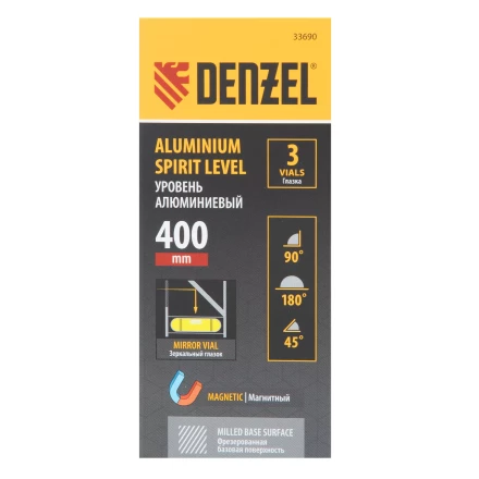 Уровень алюминиевый Denzel 33690, магнит., фрезерованный, 3 глазка (1 зеркал.), 0,5 мм/м, 400 мм купить в Нижневартовске