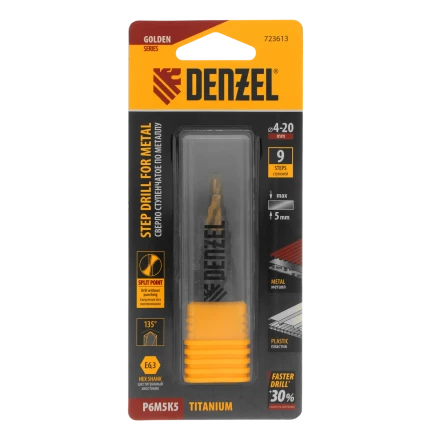 Сверло ступенчатое Denzel 723613, 4-6-8-10-12-14-16-18-20 мм, Р6М5К5, 6-гр. хвостовик купить в Нижневартовске