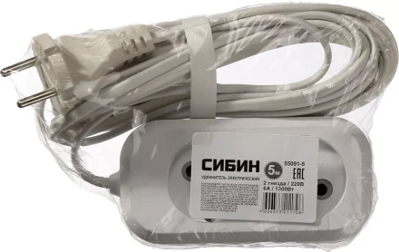 Удлинитель СИБИН электрический, ШВВП сечение 0,75кв мм, 2 гнезда, макс мощн 1300Вт, 5м 55091-5 купить в Нижневартовске