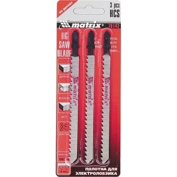 Полотна для электролобзика  по дереву, 3 шт., 75 х 2,5мм, HCS, EU- хвостовик  MATRIX 78141 купить в Нижневартовске