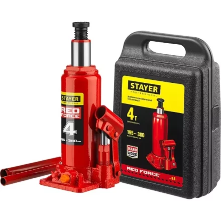 Домкрат гидравлический бутылочный "RED FORCE", 4т, 195-380 мм, в кейсе, STAYER 43160-4-K 43160-4-K_z01 купить в Нижневартовске