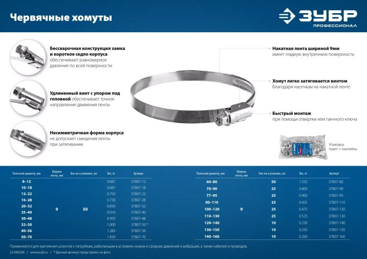 ЗУБР Х-9Н, 130 - 150 мм, накатная лента 9 мм, цинк, 10 шт, червячный хомут (37807-150) купить в Нижневартовске