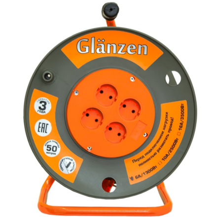 Удлинитель силовой на катушке GLANZEN 4 гн. ПВС 2х1,5 EB-50-006 купить в Нижневартовске
