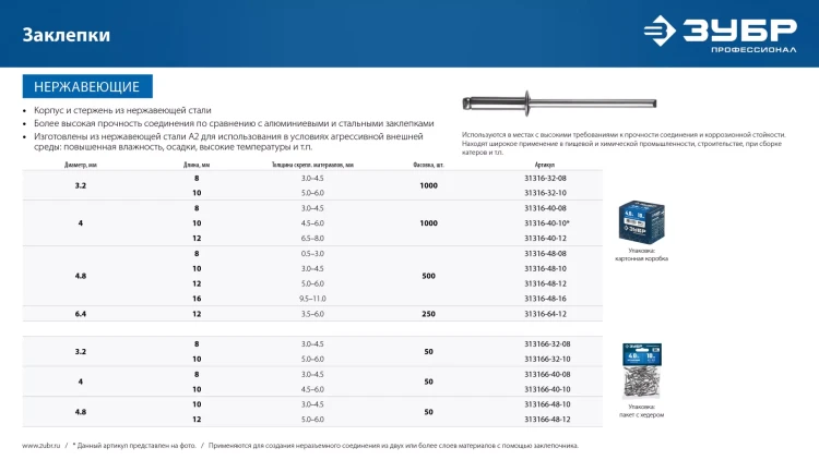 ЗУБР 4.0 x 12 мм, 1000 шт, нержавеющие заклепки, Профессионал (31316-40-12) купить в Нижневартовске