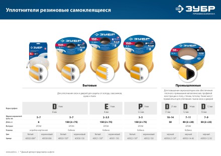 ЗУБР 150 м, P-профиль, размер 9 х 5.5 мм, белый, самоклеящийся резиновый уплотнитель, Профессионал (40922-150) купить в Нижневартовске