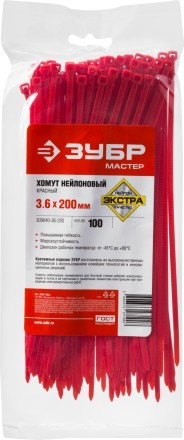 Хомуты нейлоновые ЗУБР &quot;МАСТЕР&quot; красные, 3,6 мм x 200 мм, 100 шт 309040-36-200 купить в Нижневартовске