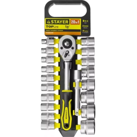 Набор STAYER "STANDARD": Торцовые головки (1/2") на пластиковом рельсе, трещотка, удлинитель, 8-32мм, 20 предметов 27750-H20 купить в Нижневартовске