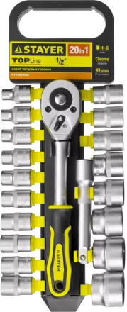 Набор STAYER "STANDARD": Торцовые головки (1/2") на пластиковом рельсе, трещотка, удлинитель, 8-32мм, 20 предметов 27750-H20 купить в Нижневартовске