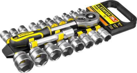 Набор STAYER "STANDARD": Торцовые головки (1/2") на пластиковом рельсе, трещотка, удлинитель, 8-32мм, 20 предметов 27750-H20 купить в Нижневартовске