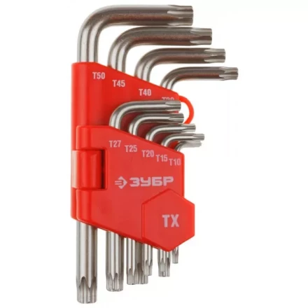 Набор ЗУБР Ключи "МАСТЕР" имбусовые короткие, Cr-V, сатинированное покрытие, пластик. держатель, TORX Т10-Т50, 9 пред 27462-1_z02 купить в Нижневартовске