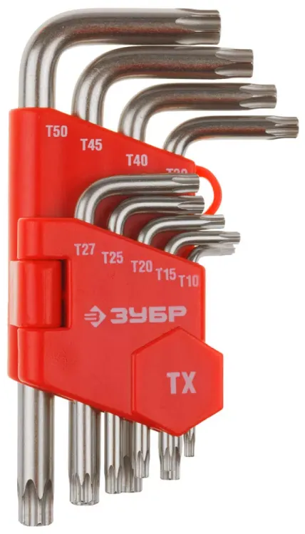 Набор ЗУБР Ключи "МАСТЕР" имбусовые короткие, Cr-V, сатинированное покрытие, пластик. держатель, TORX Т10-Т50, 9 пред 27462-1_z02 купить в Нижневартовске