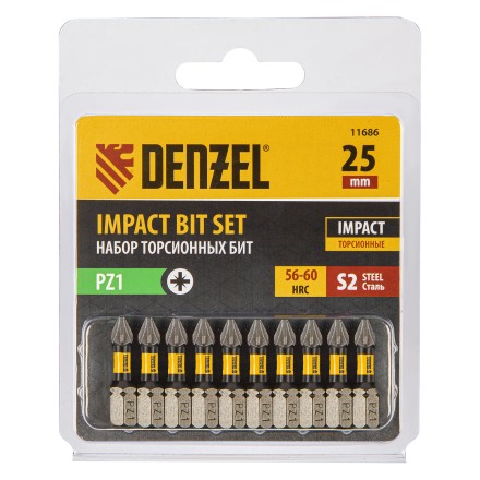 Бита IMPACT, PZ1x25 мм, лазерная обработка шлица, сталь S2, 10 шт., Е 6,3 Denzel 11686 купить в Нижневартовске